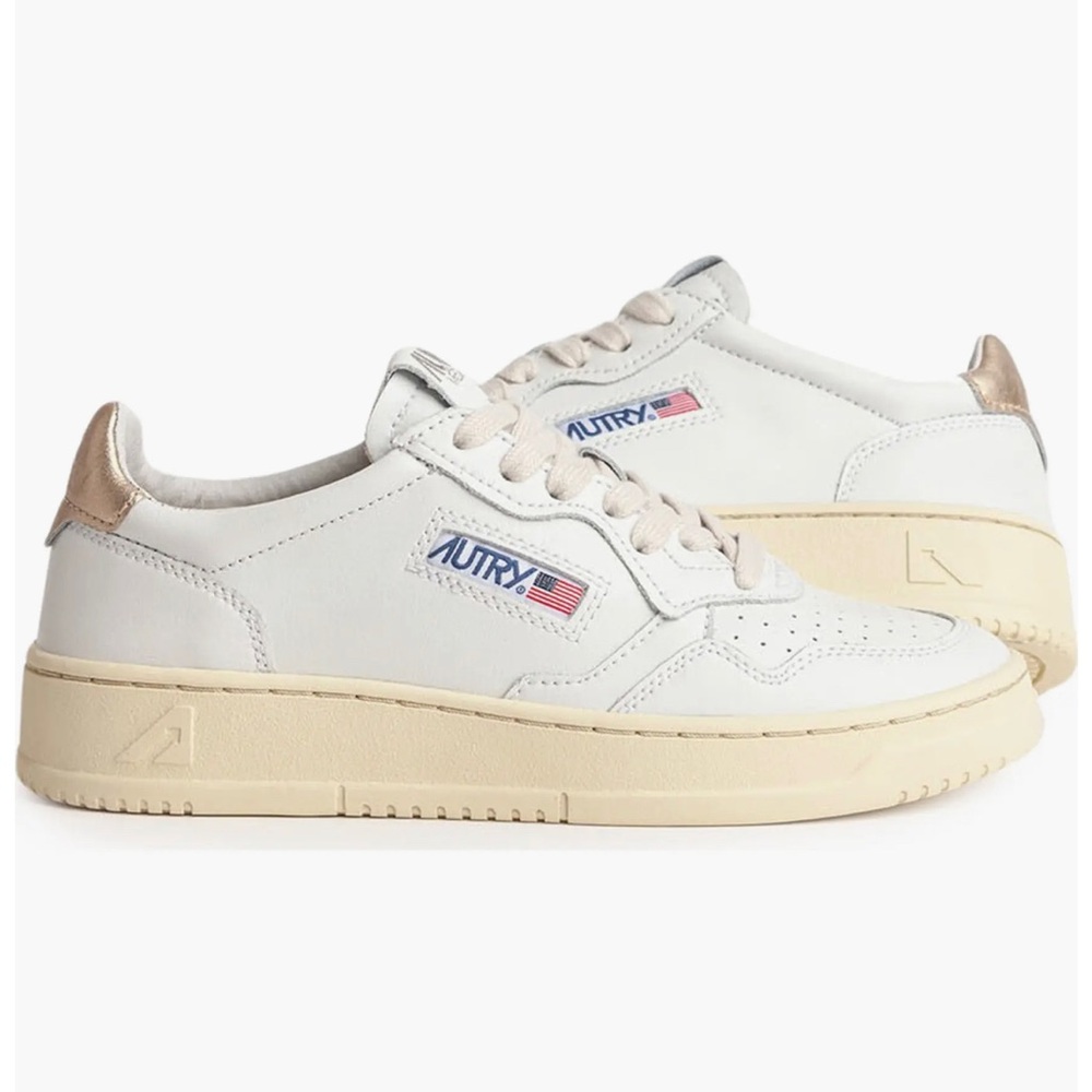 AUTREY Women’s Medalist Low Leather Sneaker White + Gold, Sz 8.5, NWB